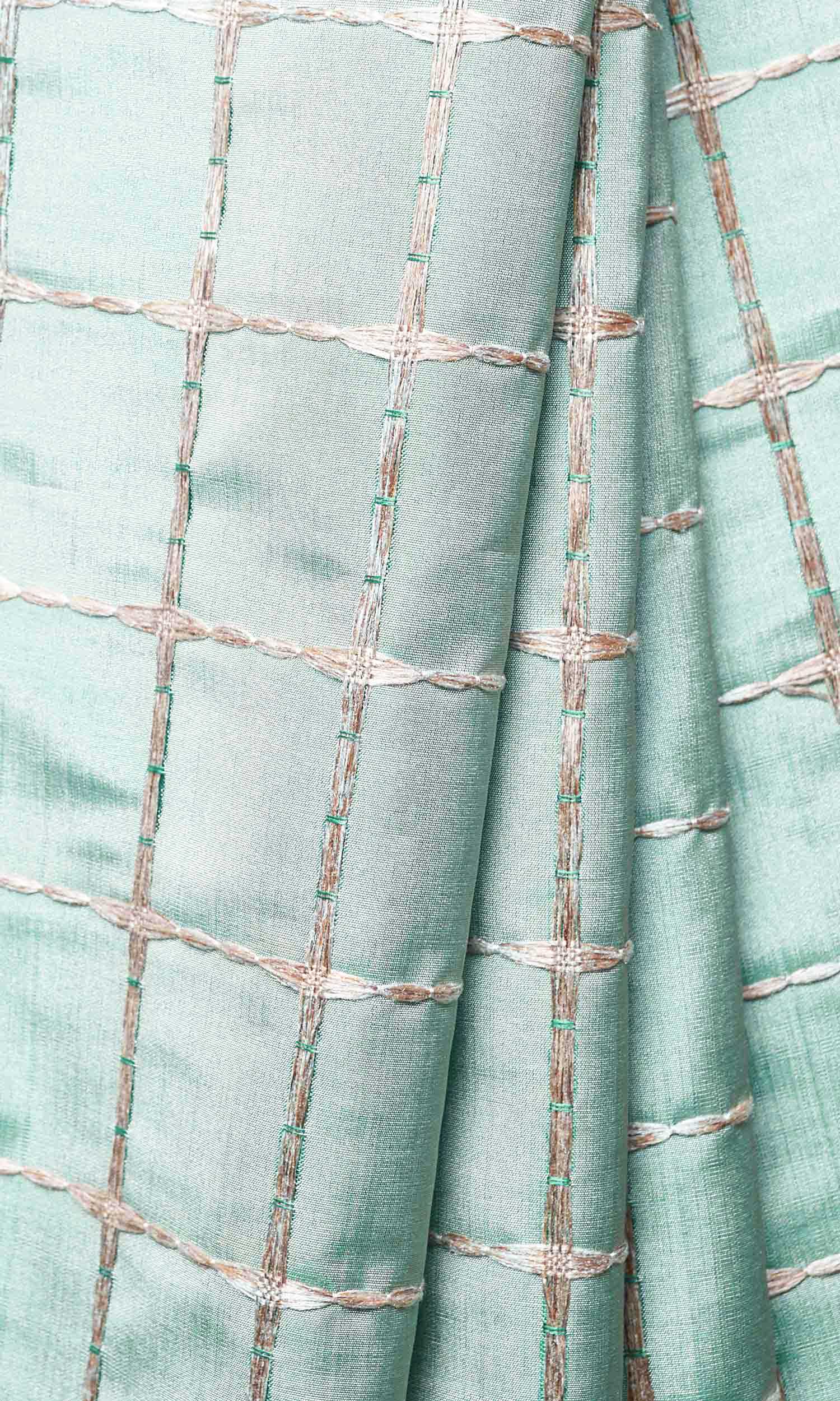Embroidered Check Home Décor Fabric By the Metre (Blue and Gold)