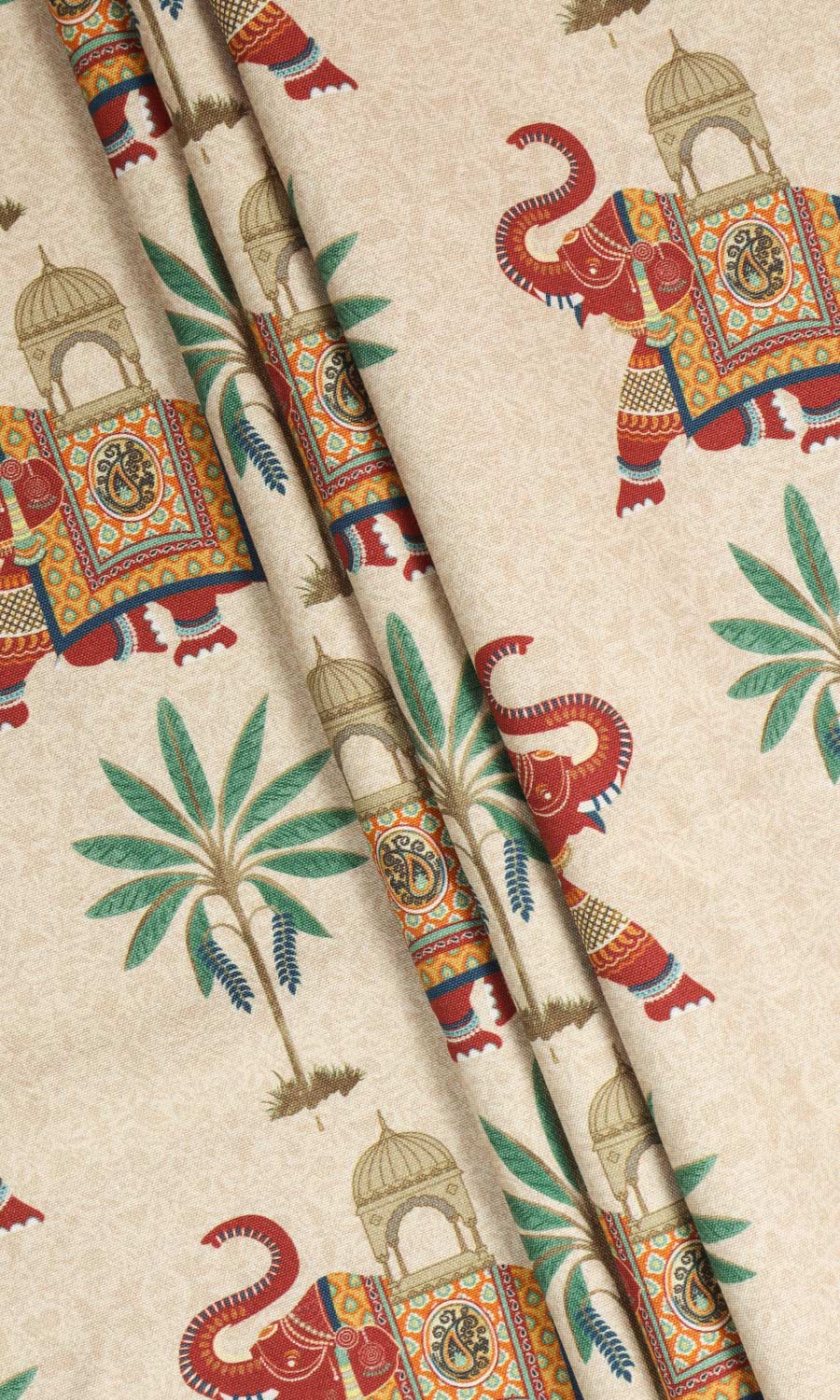 Elephant Print Cotton Free Fabric Material Sample (Ivory/ Red/ Green)