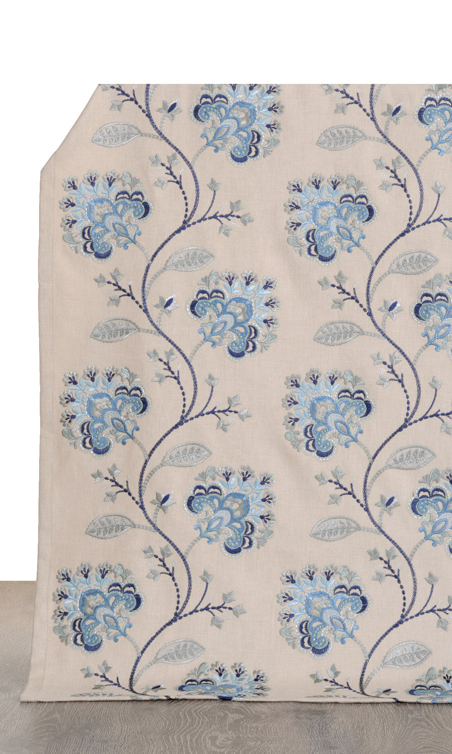 Floral Embroidered Cotton Window Treatments Fabric By the Yard (Beige/ Blue)