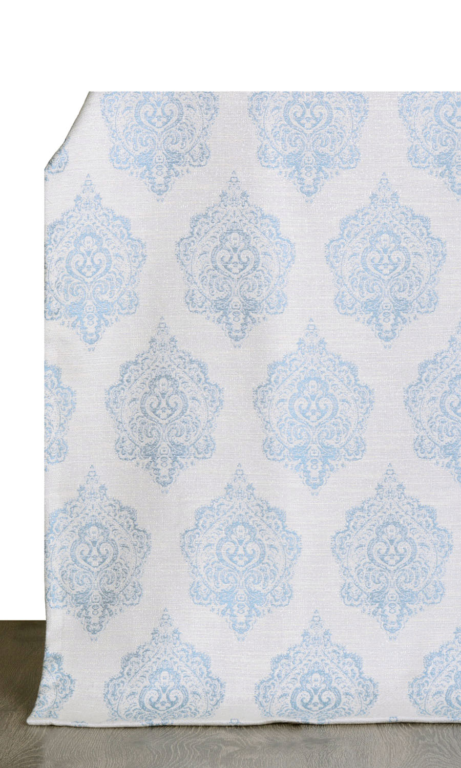 Damask Poly-Cotton Window Treatments Fabric By the Yard (White/ Blue)