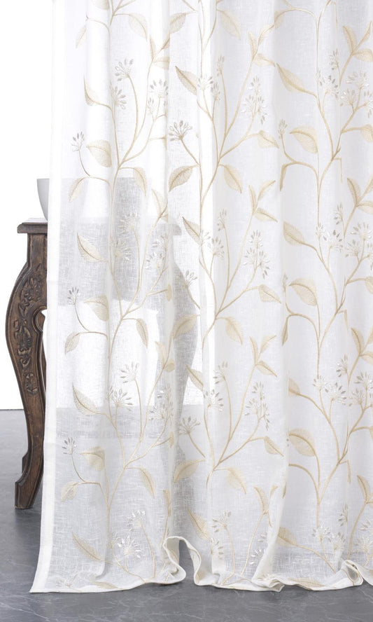 Sheer Floral Embroidered Home Décor Fabric By the Yard (White/ Beige)