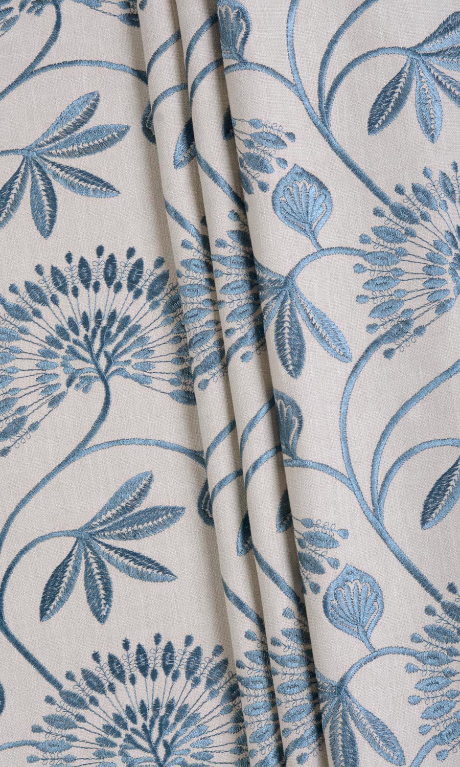 Vine Embroidered Fabric Material By the Yard (Pale Beige/ Ocean Blue)