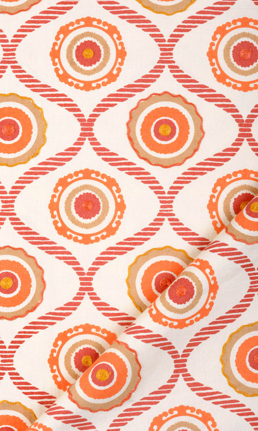 Printed Cotton Window Treatments Fabric By the Yard (Red/ Orange/ White)
