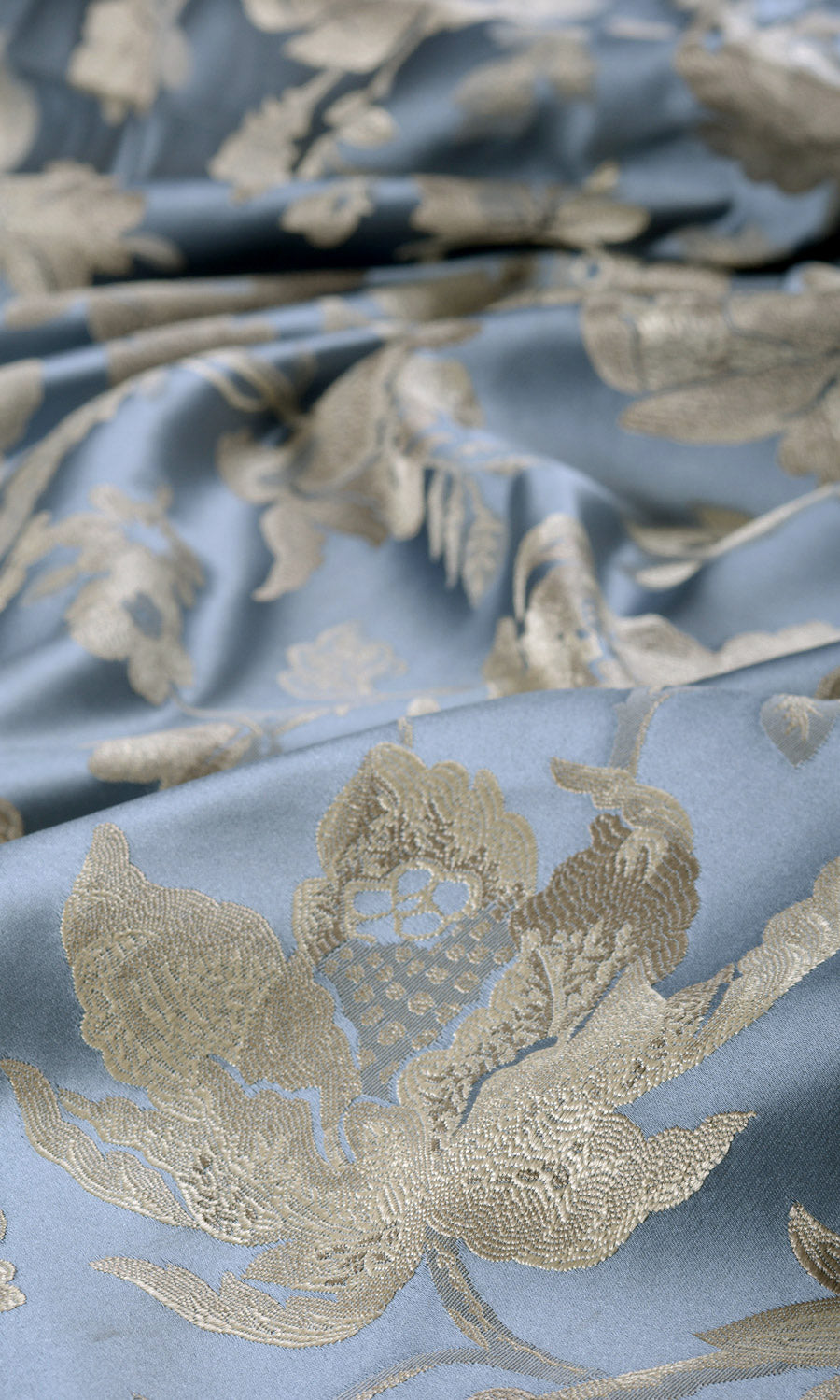 Floral Faux Silk Fabric By the Yard for Curtains & Drapes (Indigo Blue/ Greige)