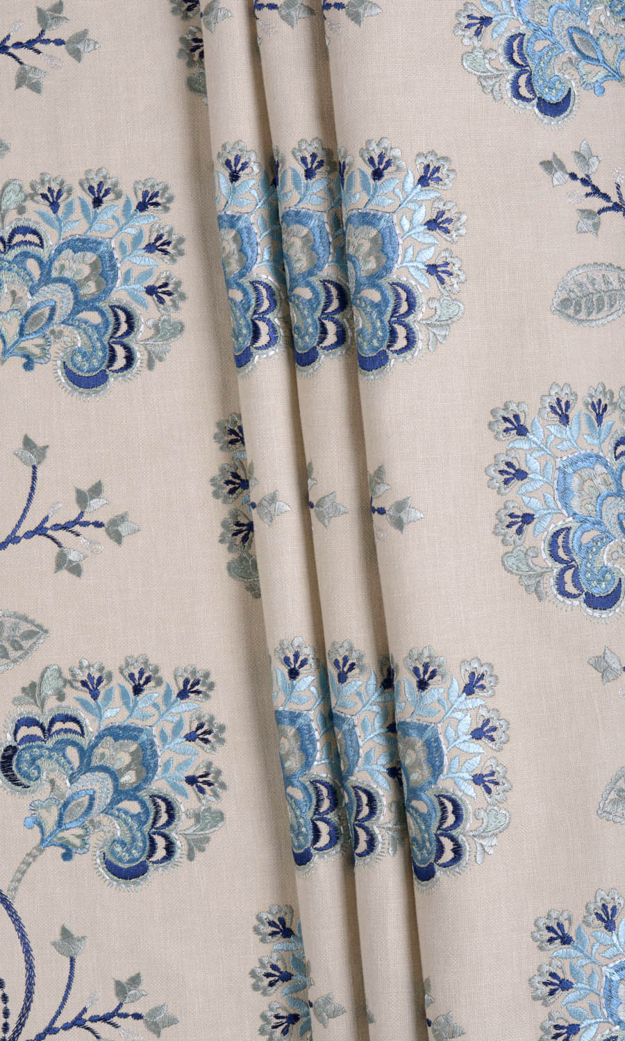 Floral Embroidered Cotton Fabric Material By the Yard (Beige/ Blue)
