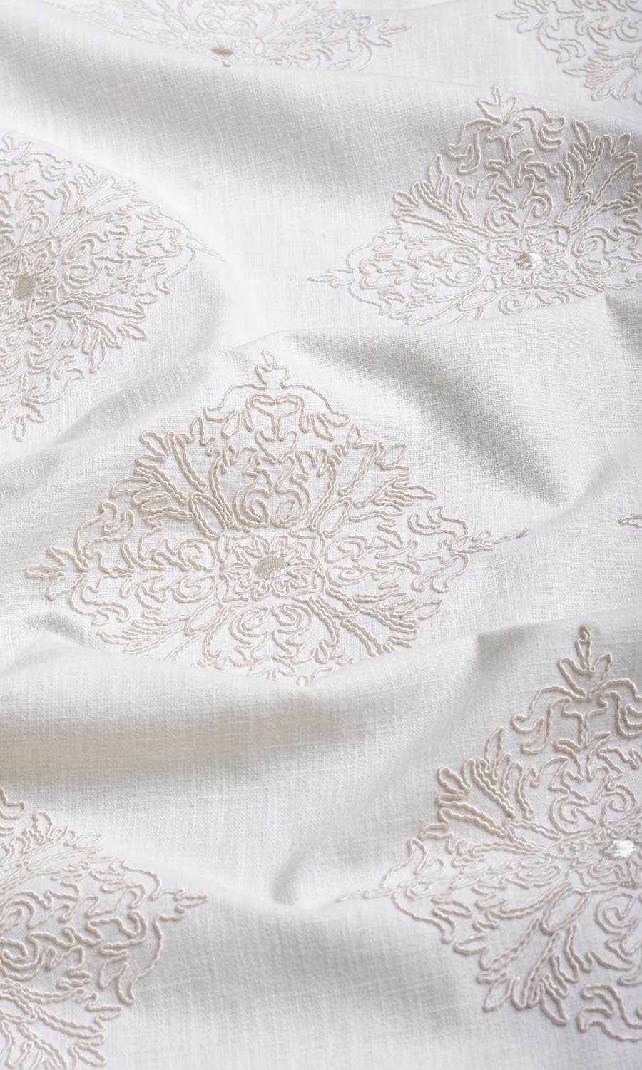 Poly-Linen Embroidered Window Treatments Fabric Sample (White/ Cream)
