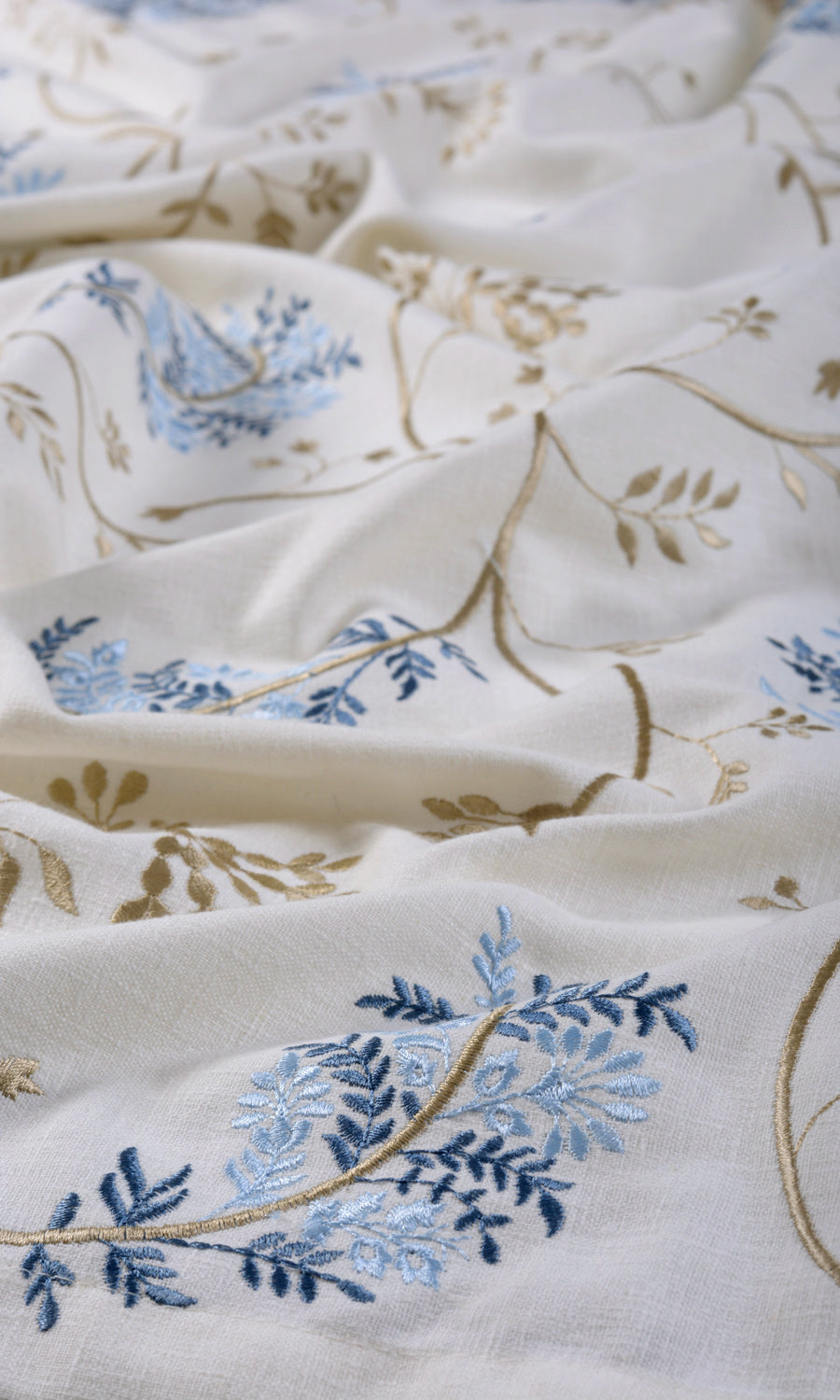 Floral Embroidery Fabric Sample for Roman Blinds & Shades (Brown/ Blue/ White)