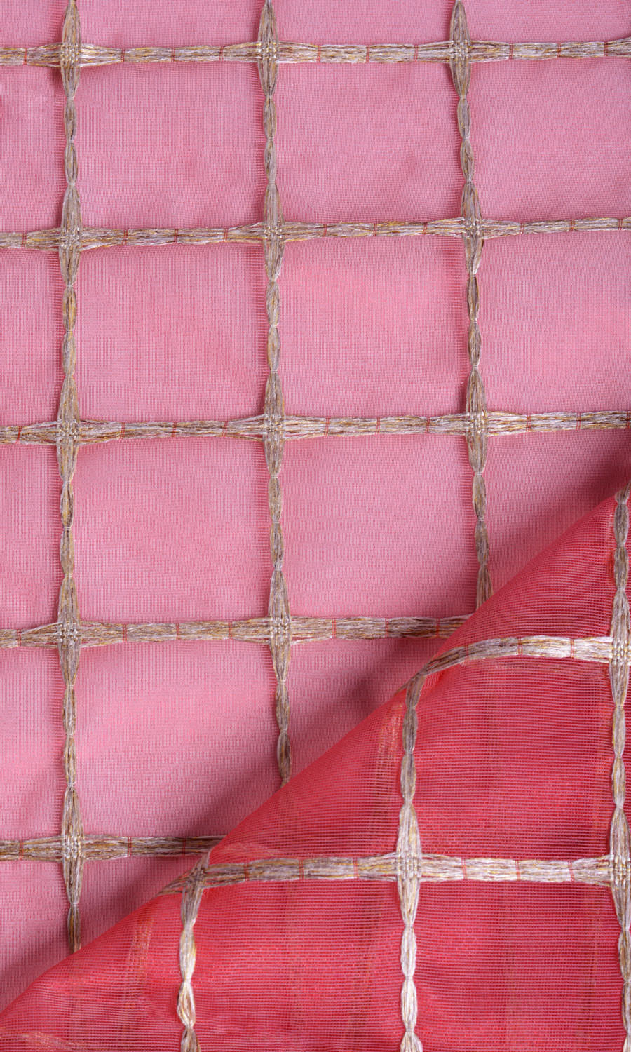 Checked Sheer Window Treatments Fabric By the Metre (Coral Red/ Pink/ Gold)