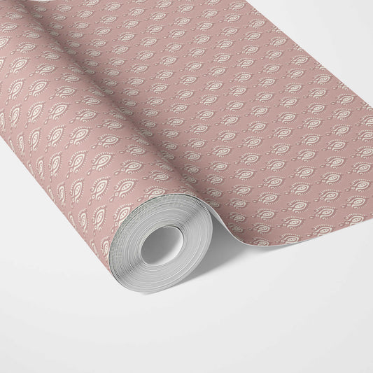 Textured Teardrop/ Paisley Block Print Traditional Wallpaper (Rose Pink/ White)