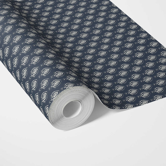 Textured Teardrop/ Paisley Block Print Traditional Wallpaper (Navy Blue/ White)