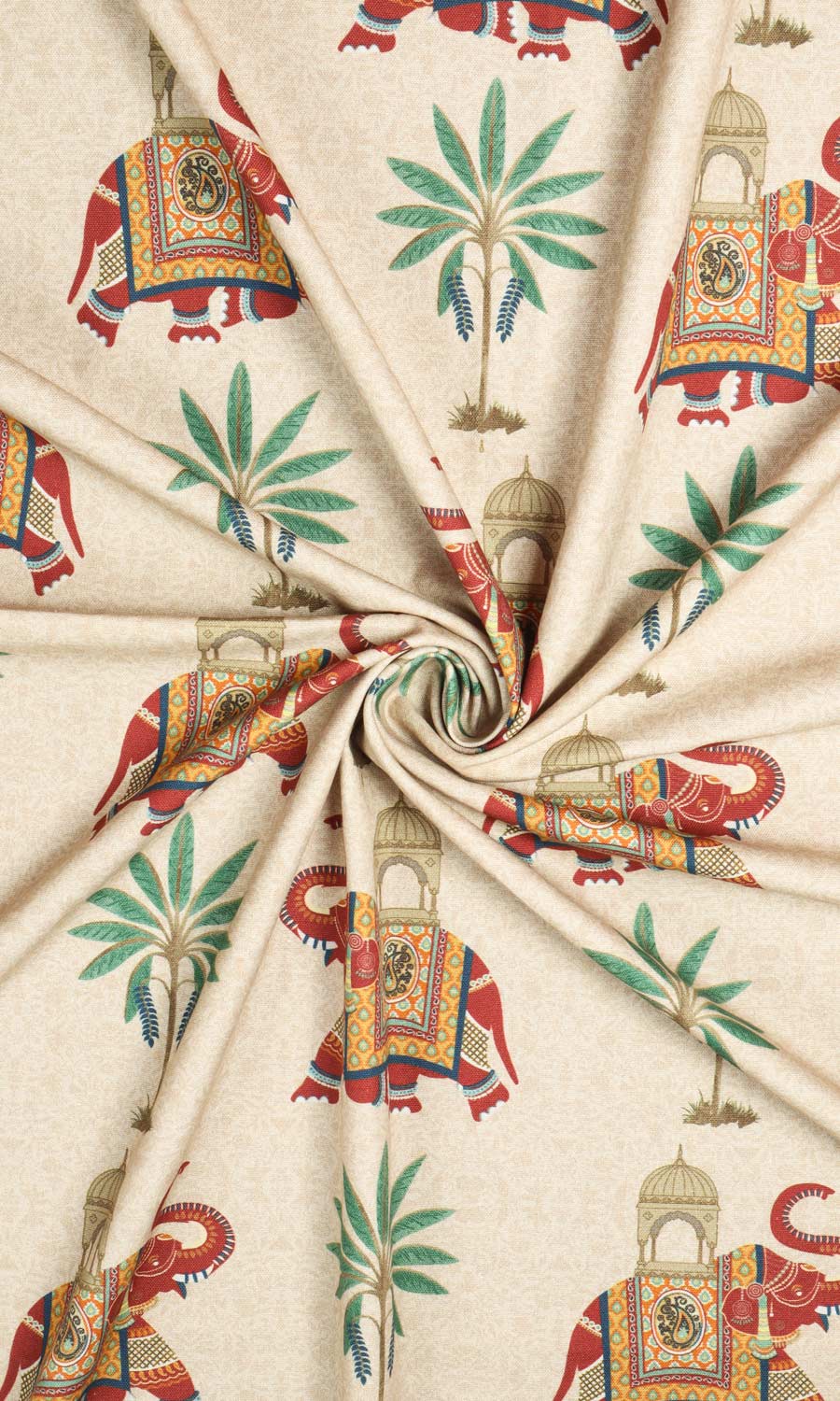 Elephant Print Cotton Window Treatments Fabric By the Yard (Ivory/ Red/ Green)