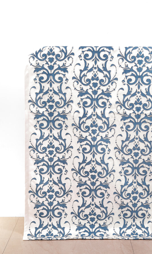 Damask Home Décor Fabric By the Yard (White/ Blue)