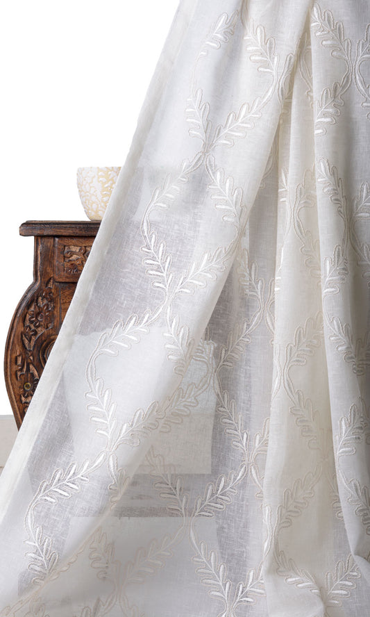 Sheer Floral Embroidery Home Décor Fabric By the Yard (White/ Cream)