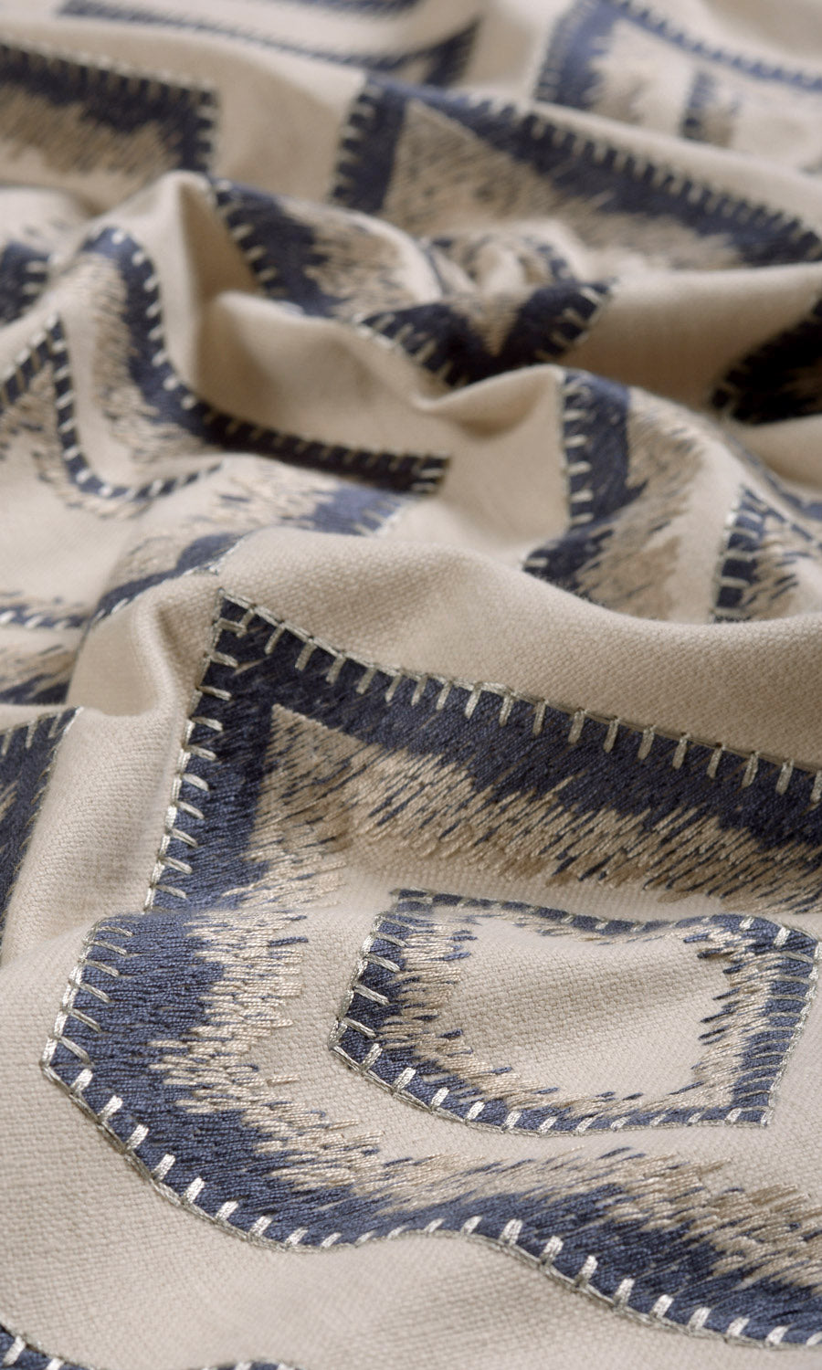 Embroidered Fabric By the Yard for Curtains & Drapes (Oyster Beige/ Navy Blue)
