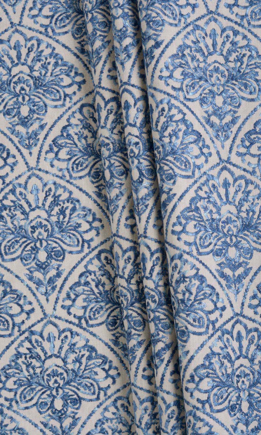 Embroidered Fabric Material By the Yard (Pale Beige/ Ink Blue)