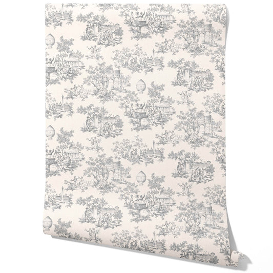 Toile de Jouy/ Nature Print Traditional Wallpaper (Dove Gray/ Off-White)