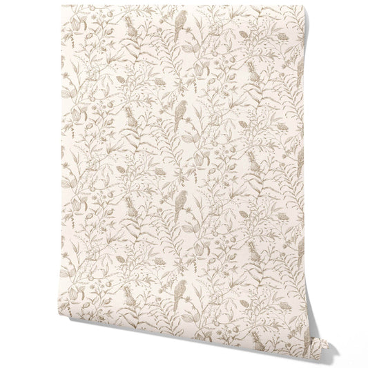 Birds Print/ Botanical Traditional Wallpaper Beige/ Brown/ Warm Gray