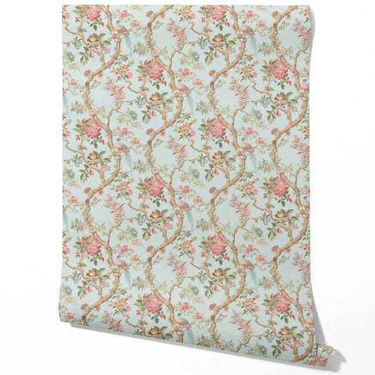 Floral/ Bird Print Chinoiserie Traditional Wallpaper (Blue/ Coral Pink/ Green)