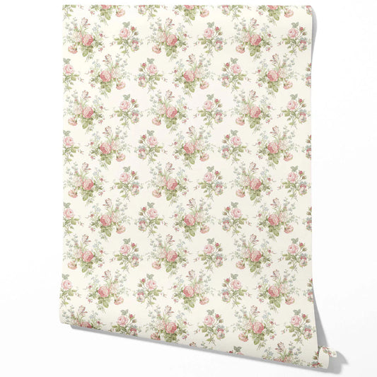 Patterned Floral Block Print Traditional Wallpaper (Cream/ Soft Pink/ Green/ Blue)