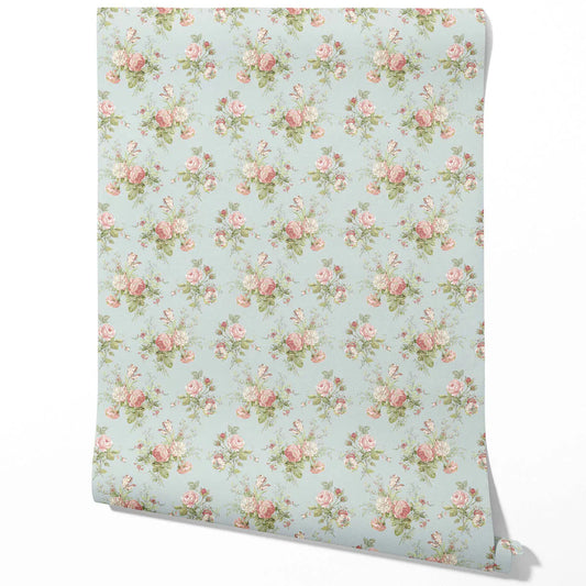 Patterned Floral Block Print Traditional Wallpaper (Blue/ Pink/ Green)