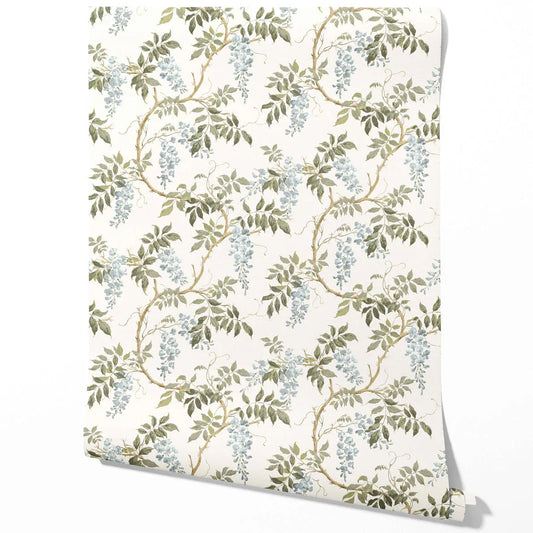 Floral Vine/ Botanical Patterned Traditional Wallpaper (Cream/ Duck Egg Blue/ Green)