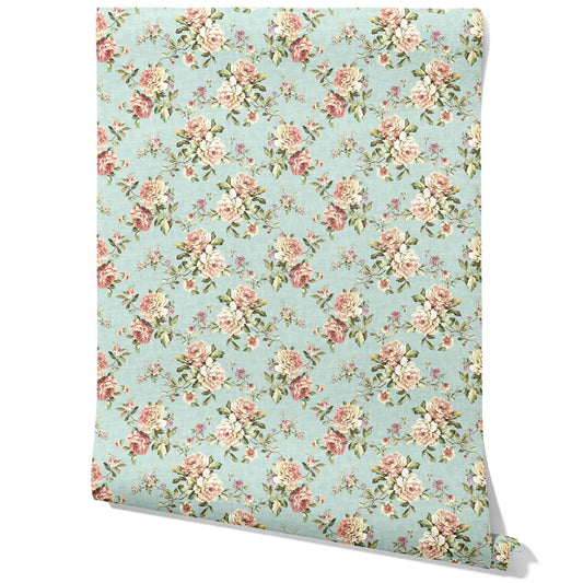 English Floral Patterned Traditional Wallpaper (Blue/ Pink/ Green)