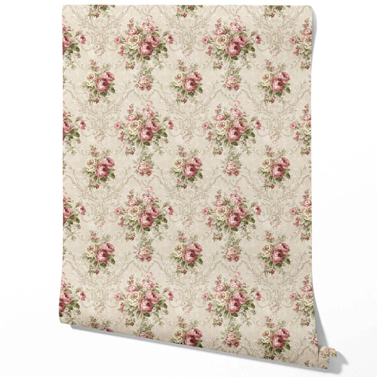 Floral Damask Patterned Traditional Wallpaper (Beige/ Pink/ Green)
