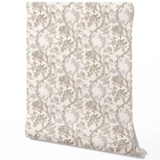 Floral Toile/ Bird Print Chinoiserie Traditional Wallpaper (Brown/ Beige/ Taupe)