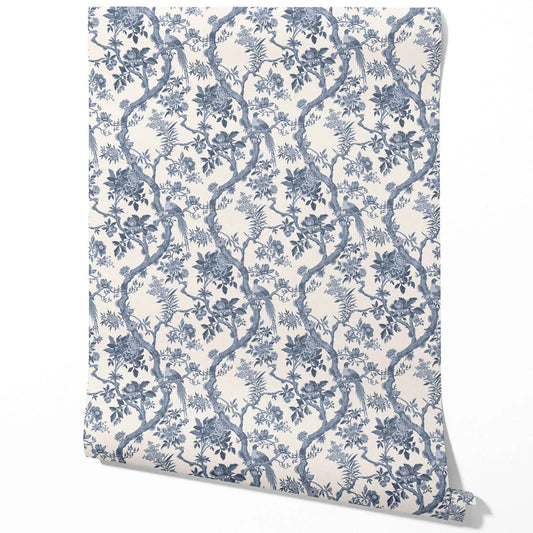Floral Toile/ Bird Print Chinoiserie Traditional Wallpaper (Navy Blue/ Off-White)