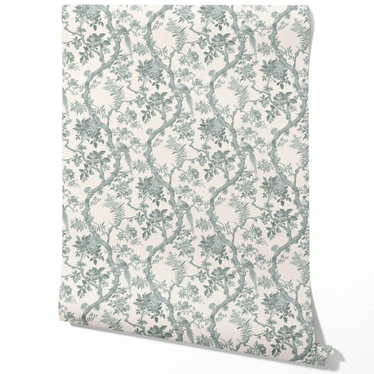 Floral Toile/ Bird Print Chinoiserie Traditional Wallpaper (Grey-Green)