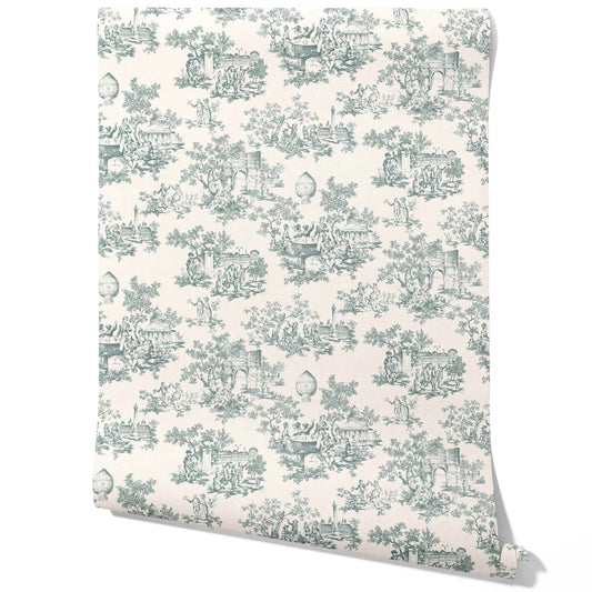 Toile de Jouy/ Nature Print Traditional Wallpaper (Duck Egg Blue/ Off-White)