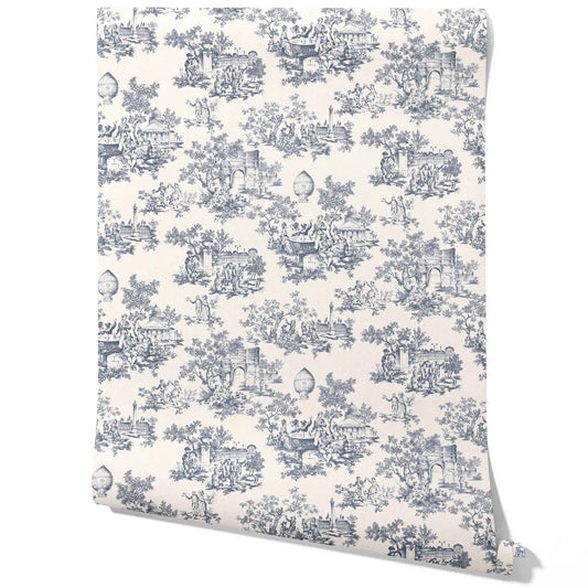 Toile de Jouy/ Nature Print Traditional Wallpaper (Navy Blue/ Off-White)