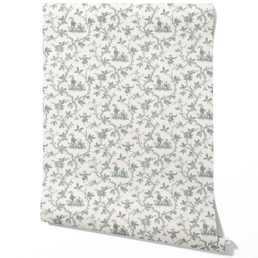 Floral Toile de Jouy Traditional Wallpaper (Blue-Gray/ Off-White)