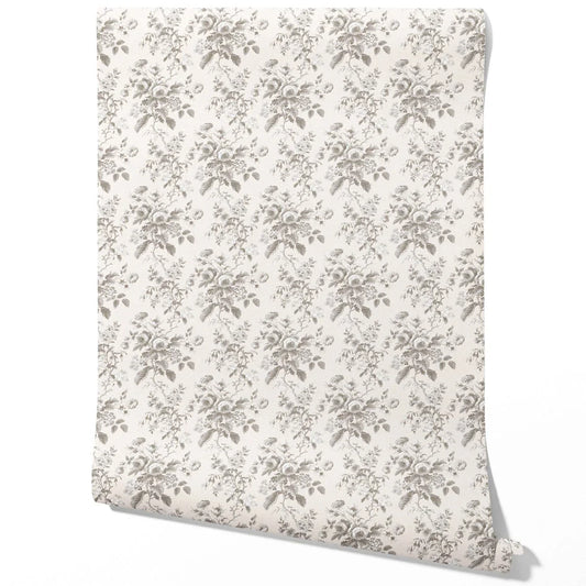 Vintage-Inspired Floral Toile/ Botanical Traditional Wallpaper (Warm Gray/ Greige)