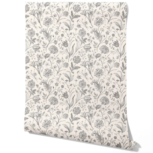 Neutral Floral/ Botanical Traditional Wallpaper (Metallic Gray)