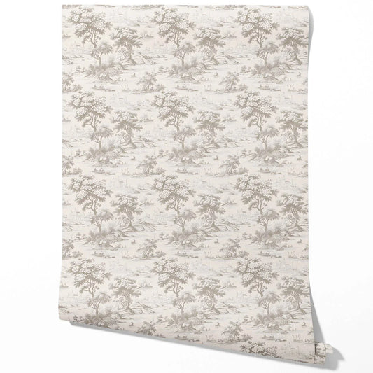 Floral Toile de Jouy Nature Print Traditional Wallpaper (Greige/ Taupe/ Warm Gray)