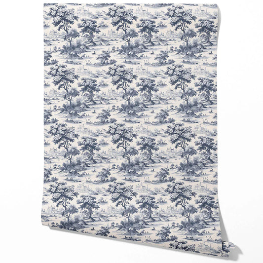 Floral Toile de Jouy Nature Print Traditional Wallpaper (Navy Blue)