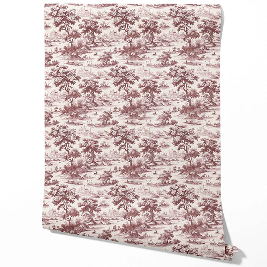 Floral Toile de Jouy Nature Print Traditional Wallpaper (Maroon Red/ Deep Pink)