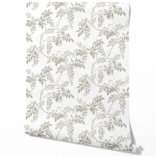 Neutral Floral Vine/ Botanical Traditional Wallpaper (Grey/ Greige/ White)