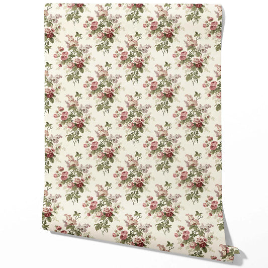 English Floral Print Traditional Wallpaper (Cream/ Pink/ Green/ Mauve)