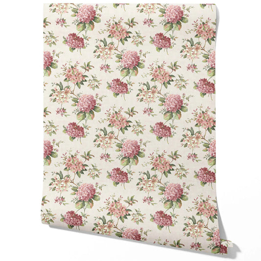 Modern Floral Block Print Traditional Wallpaper (Blush Pink/ Green)