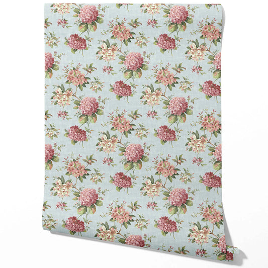 Modern Floral Block Print Traditional Wallpaper (Blue/ Pink/ Green)