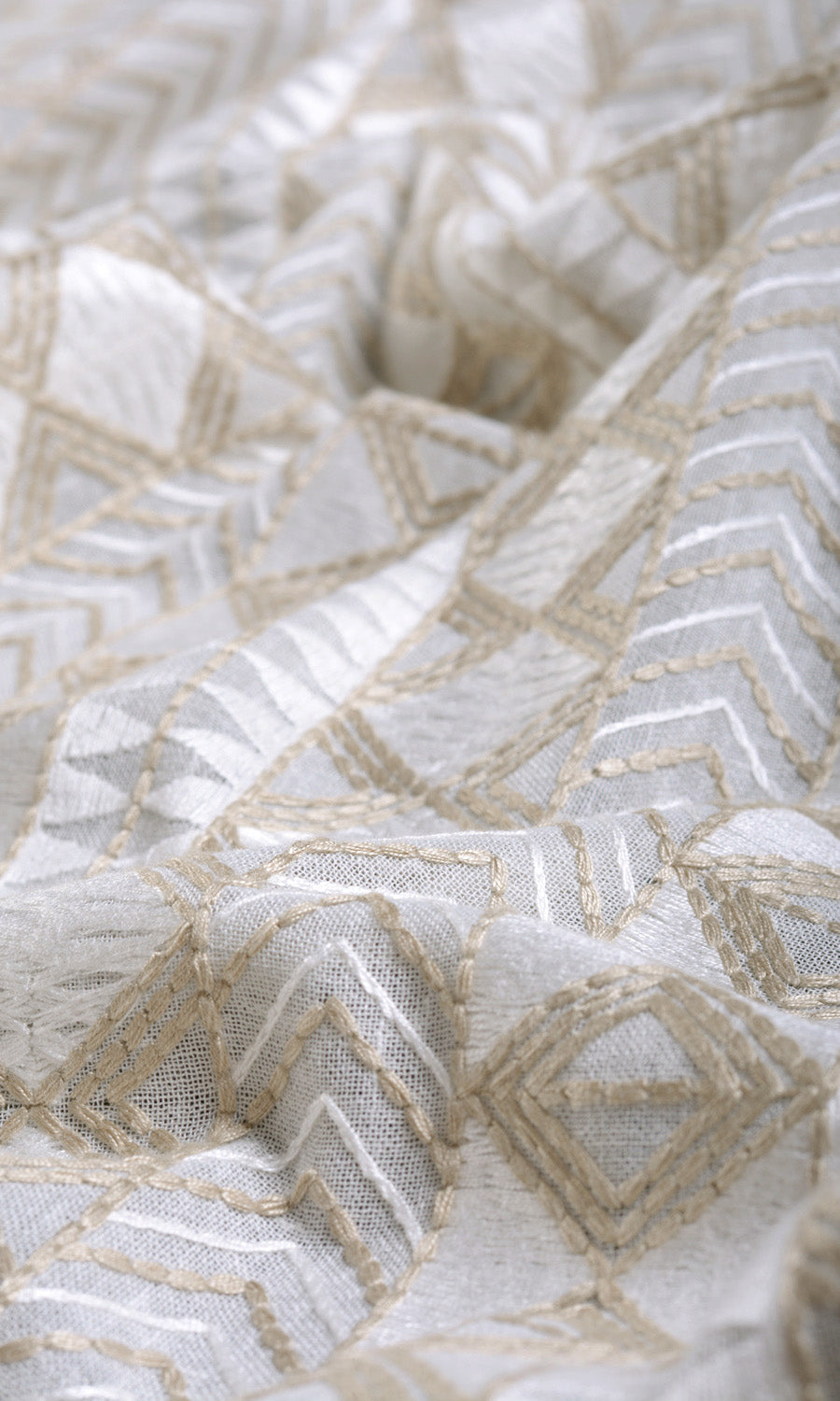 Geometric Patterned Sheer Fabric By the Yard for Curtains & Drapes (White/ Beige)