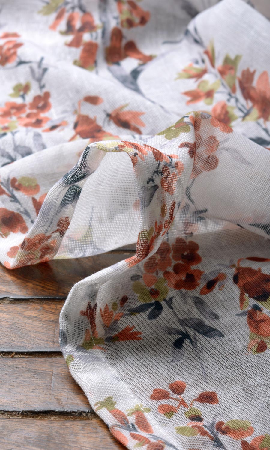 Floral Print Sheer Fabric By the Yard for Curtains & Drapes (White/ Orange)
