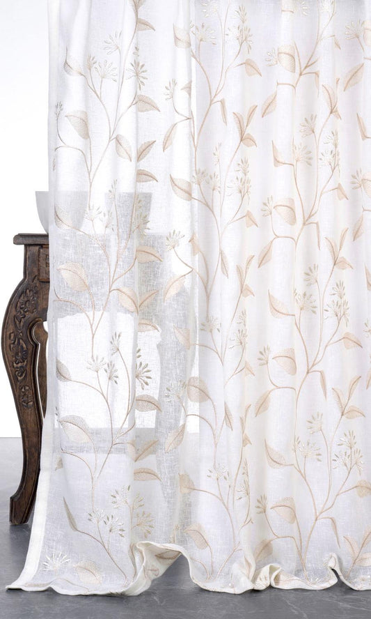 Sheer Floral Embroidered Home Décor Fabric By the Yard (White/ Beige)