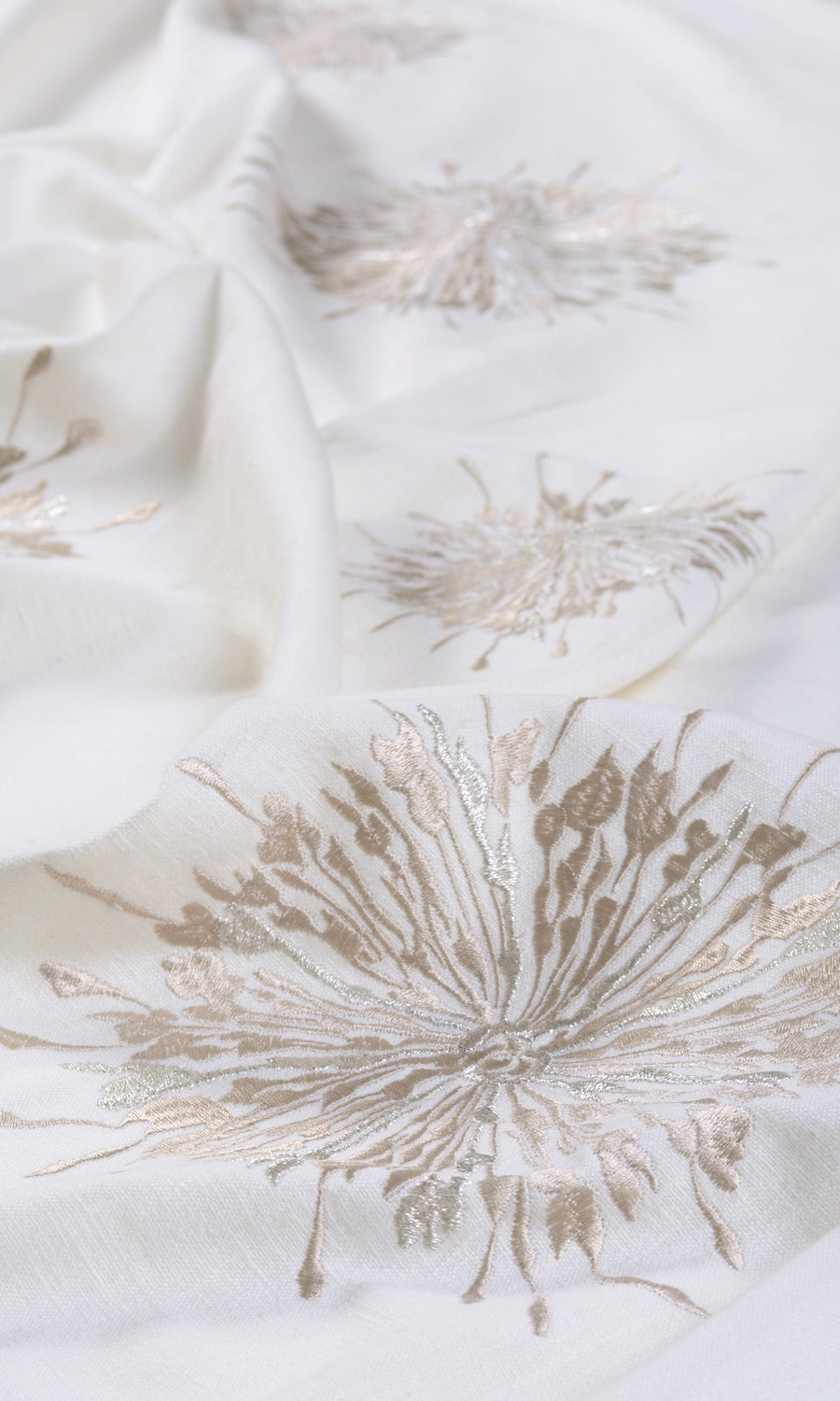 Sunburst Embroidered Fabric By the Yard for Curtains & Drapes (White & Pale Beige)