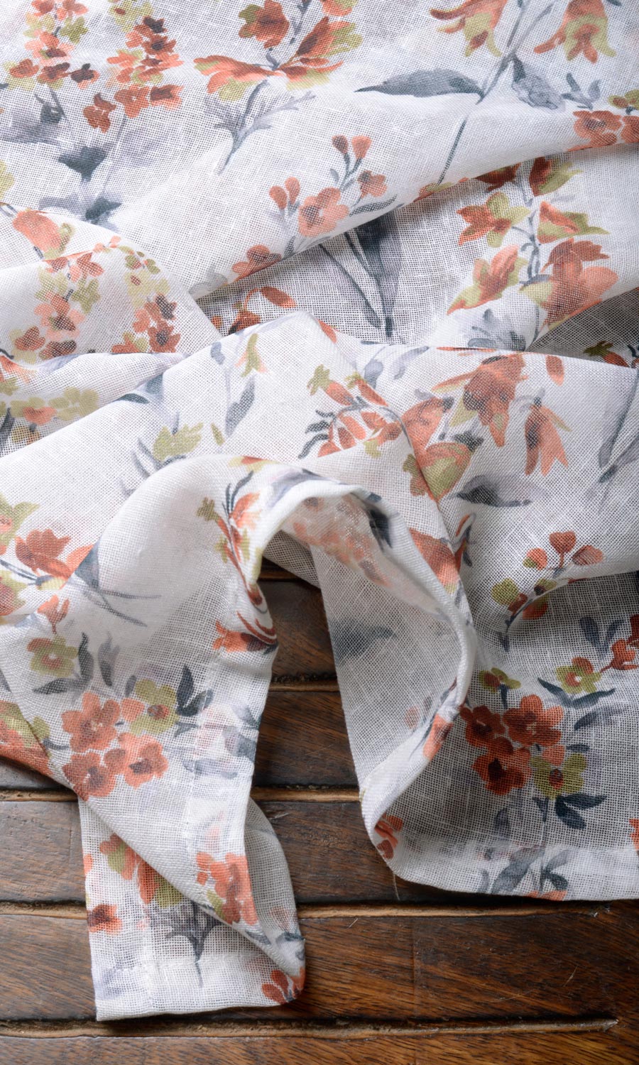 Floral Print Sheer Free Fabric Material Sample (White/ Orange)
