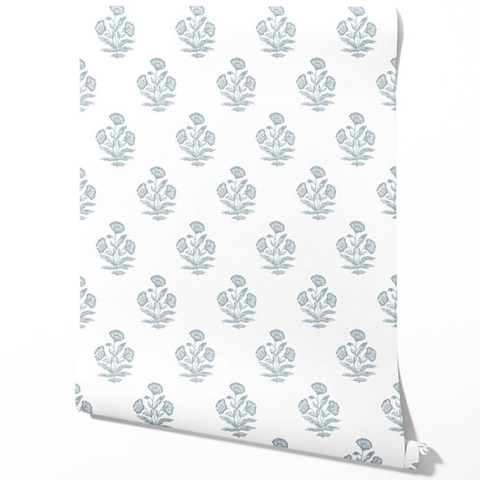 Floral Block Print Traditional Wallpaper (Sage Blue/ White)