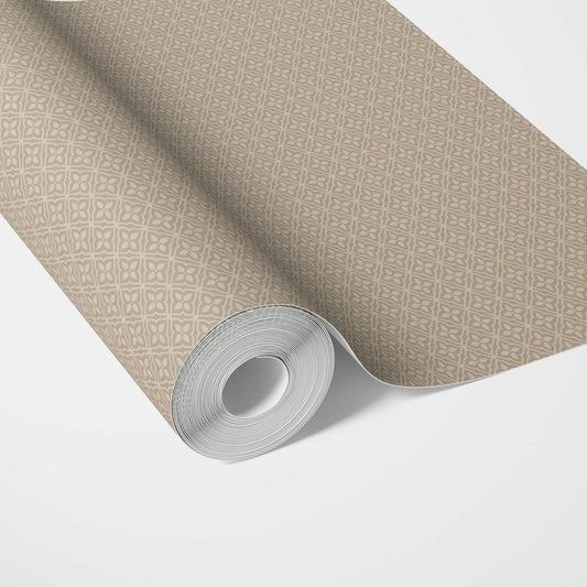 Neutral Small Floral Lattice/ Geometric Micro-Print Traditional Wallpaper (Beige/ Tan Brown)