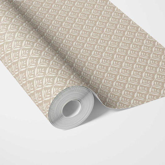 Neutral Small Floral Lattice/ Leaf Textured Traditional Wallpaper (Beige/ Light Brown/ Off-White)